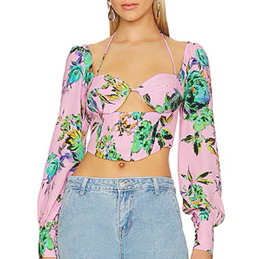 AFRM Tara Pink Floral Top with Green Accents